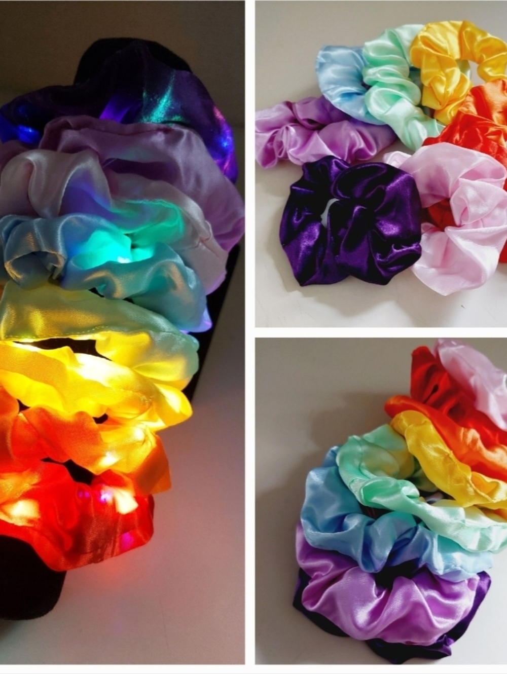8 Pc Colorful Satin LED Light Up Hair Scrunchies Pony Tail Holders Mixed Lot Set